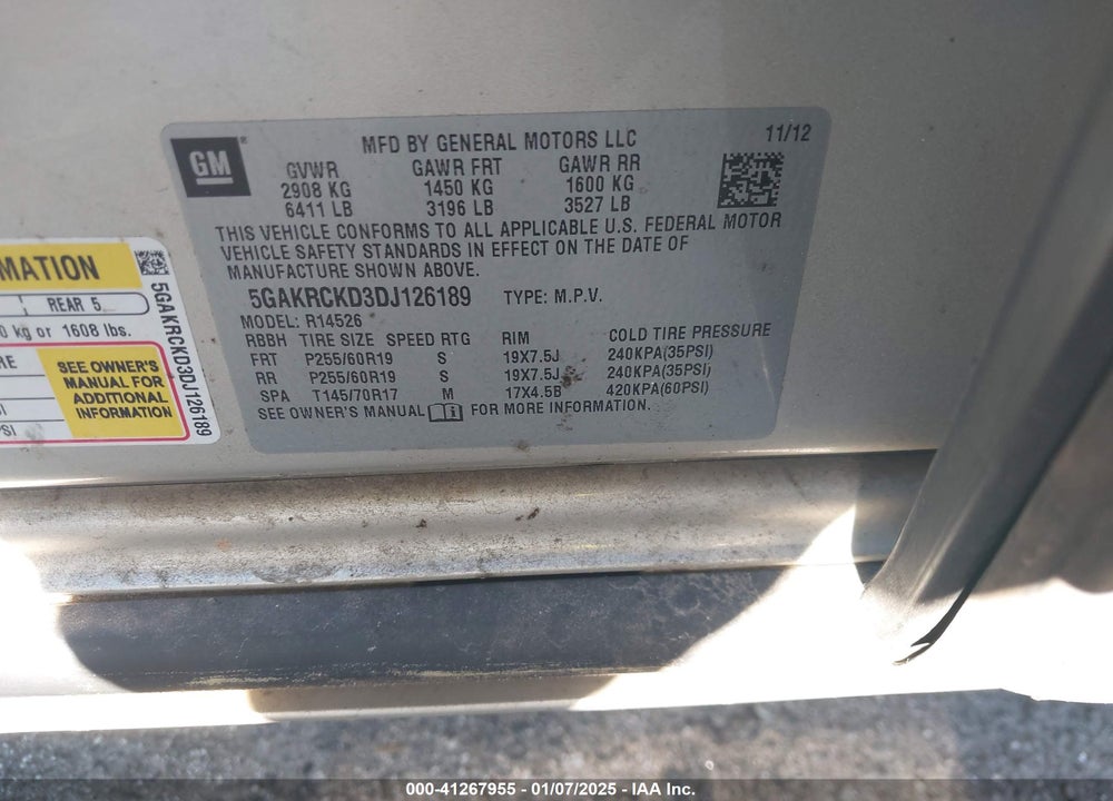 2013 BUICK ENCLAVE LEATHER VIN: 5GAKRCKD3DJ126189