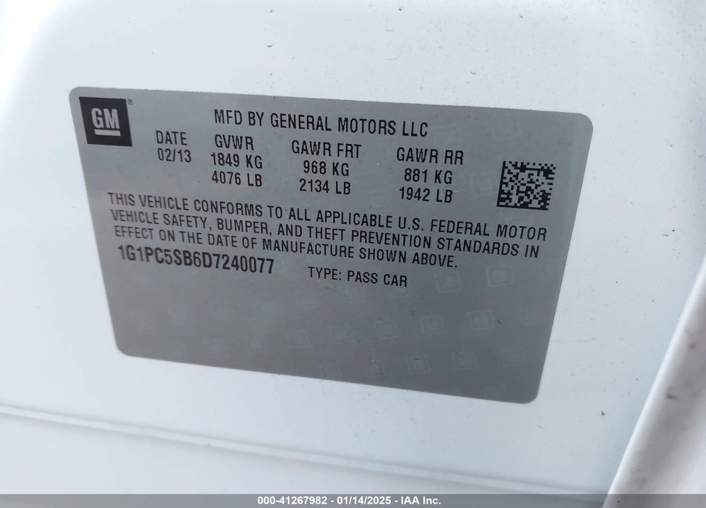 2013 CHEVROLET CRUZE 1LT AUTO VIN: 1G1PC5SB6D7240077