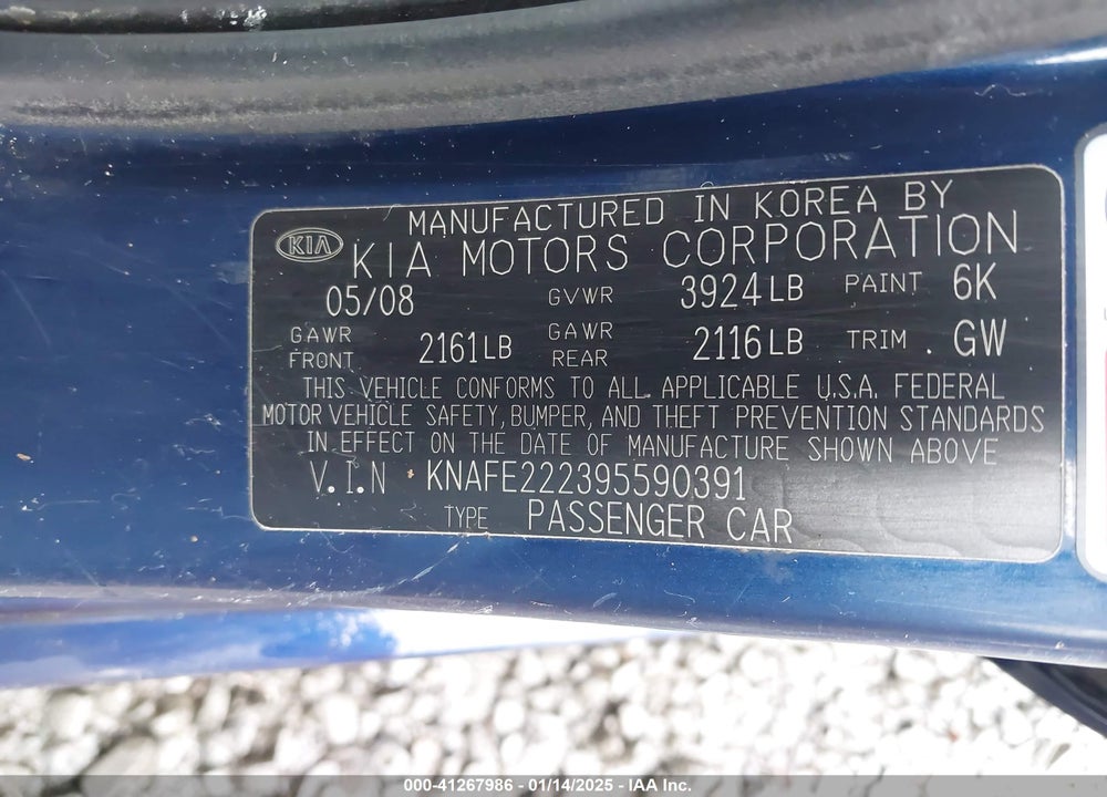 2009 KIA SPECTRA VIN: KNAFE222395590391