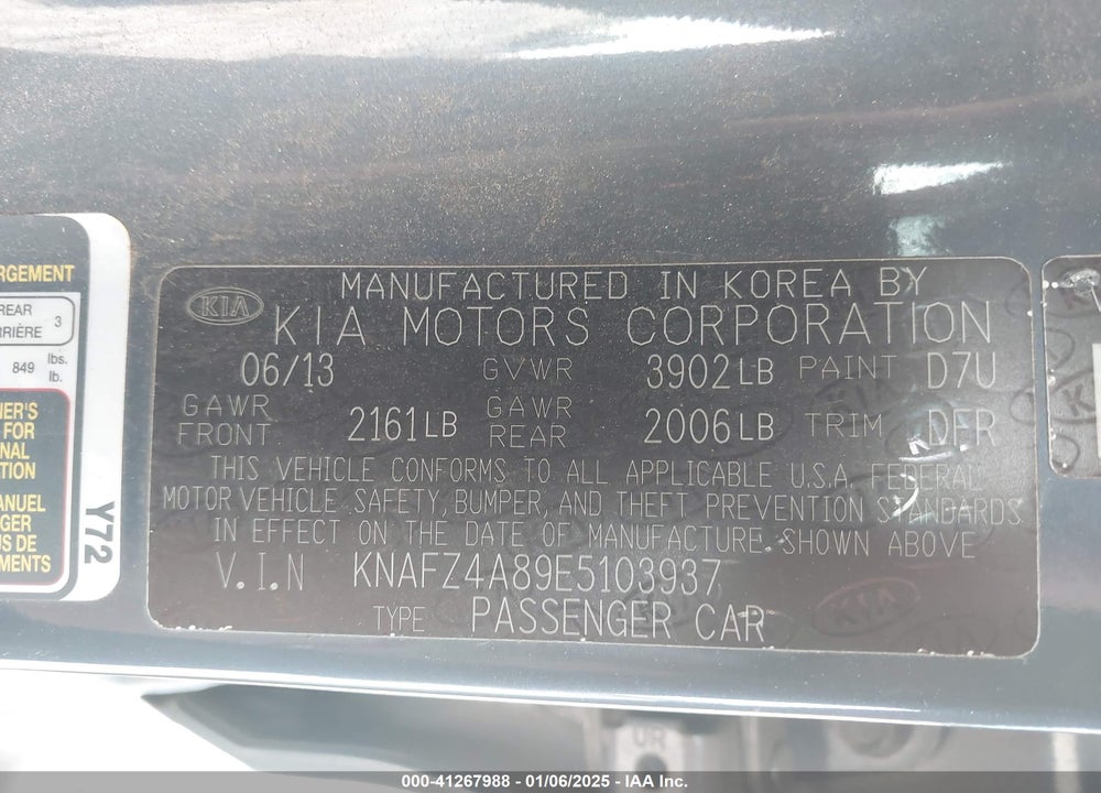 2014 KIA FORTE VIN: KNAFZ4A89E5103937