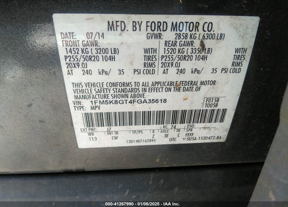 2015 FORD EXPLORER SPORT VIN: 1FM5K8GT4FGA35618
