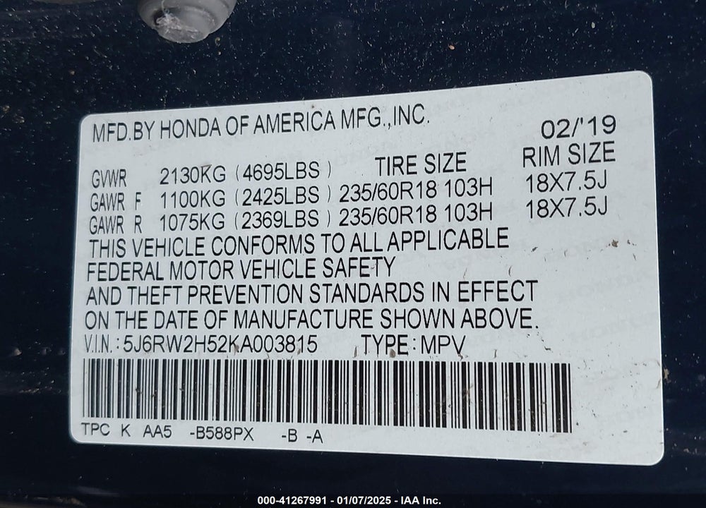 2019 HONDA CR-V EX VIN: 5J6RW2H52KA003815
