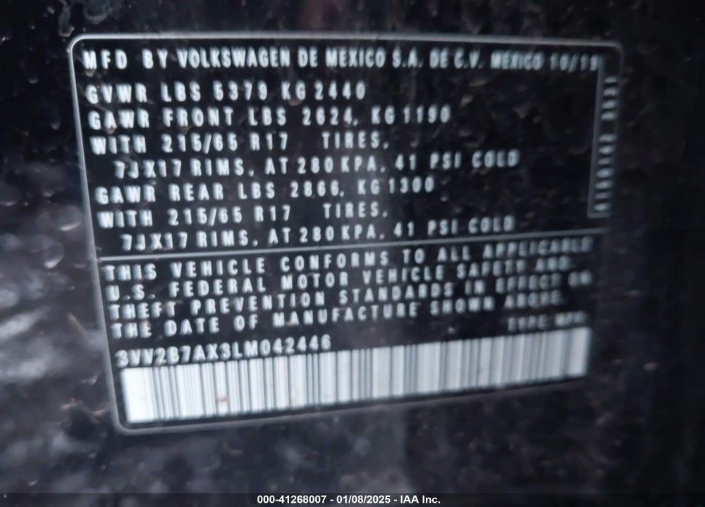2020 VOLKSWAGEN TIGUAN VIN: 3VV2B7AX3LM042446