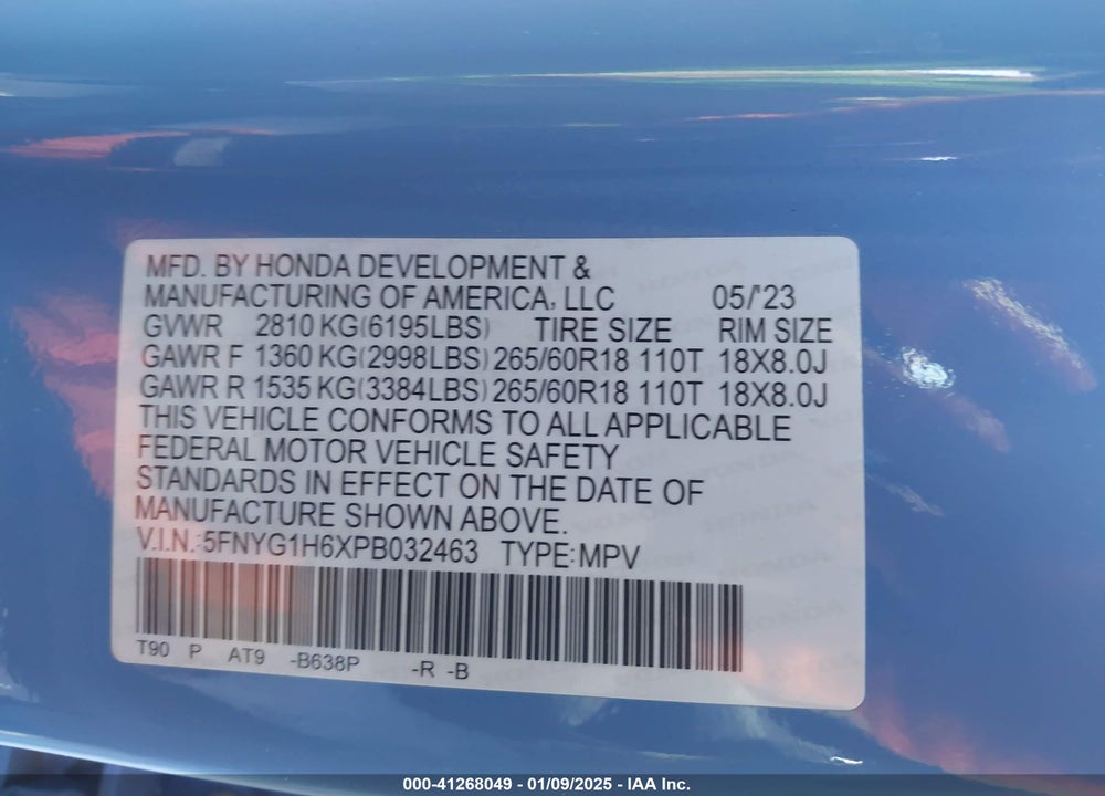 2023 HONDA PILOT VIN: 5FNYG1H6XPB032463