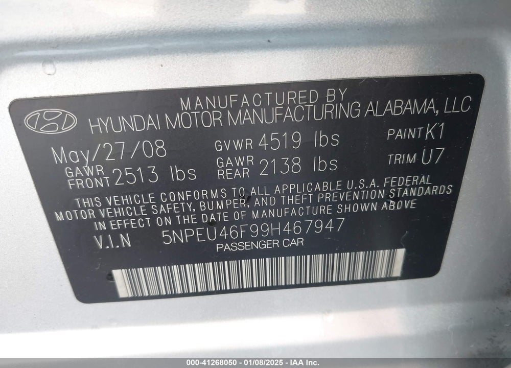 2009 HYUNDAI SONATA VIN: 5NPEU46F99H467947