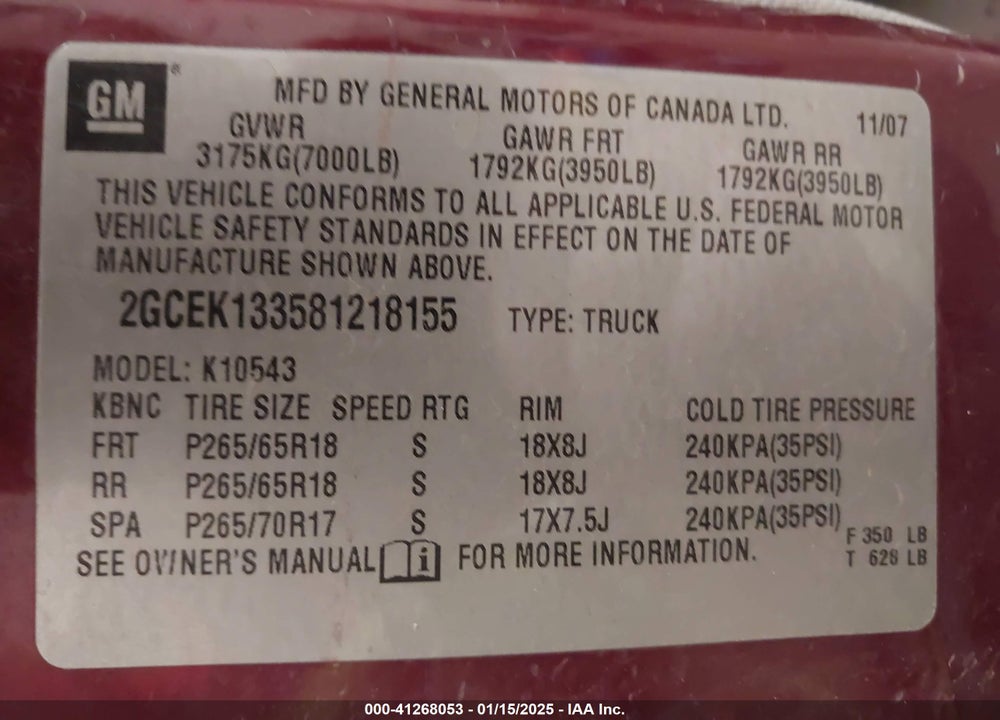 2008 CHEVROLET SILVERADO 1500 VIN: 2GCEK133581218155