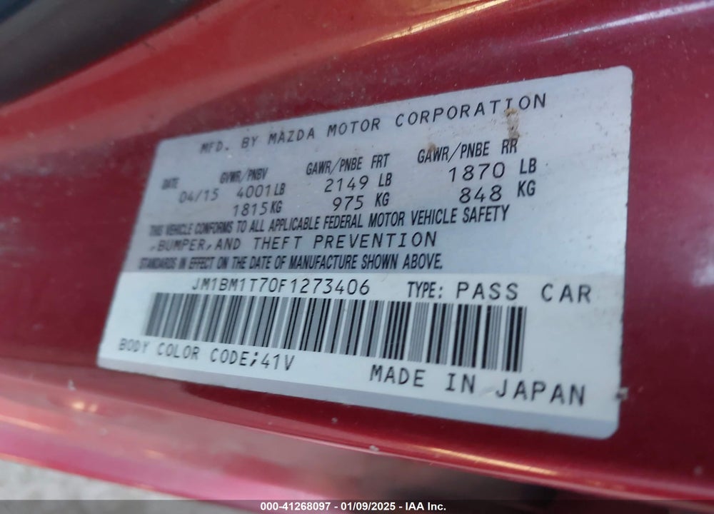 2015 MAZDA MAZDA3 VIN: JM1BM1T70F1273406