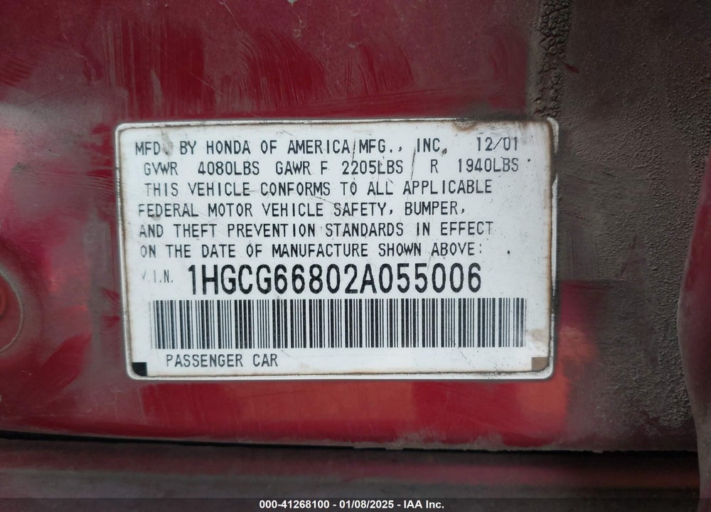 2002 HONDA ACCORD 2.3 EX/2.3 SE VIN: 1HGCG66802A055006