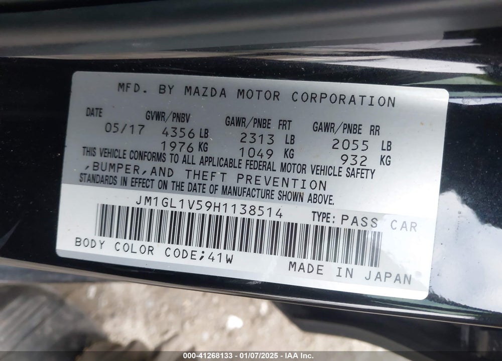 2017 MAZDA 6 TOURING VIN: JM1GL1V59H1138514