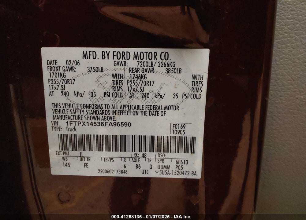 2006 FORD F-150 VIN: 1FTPX14536FA96590