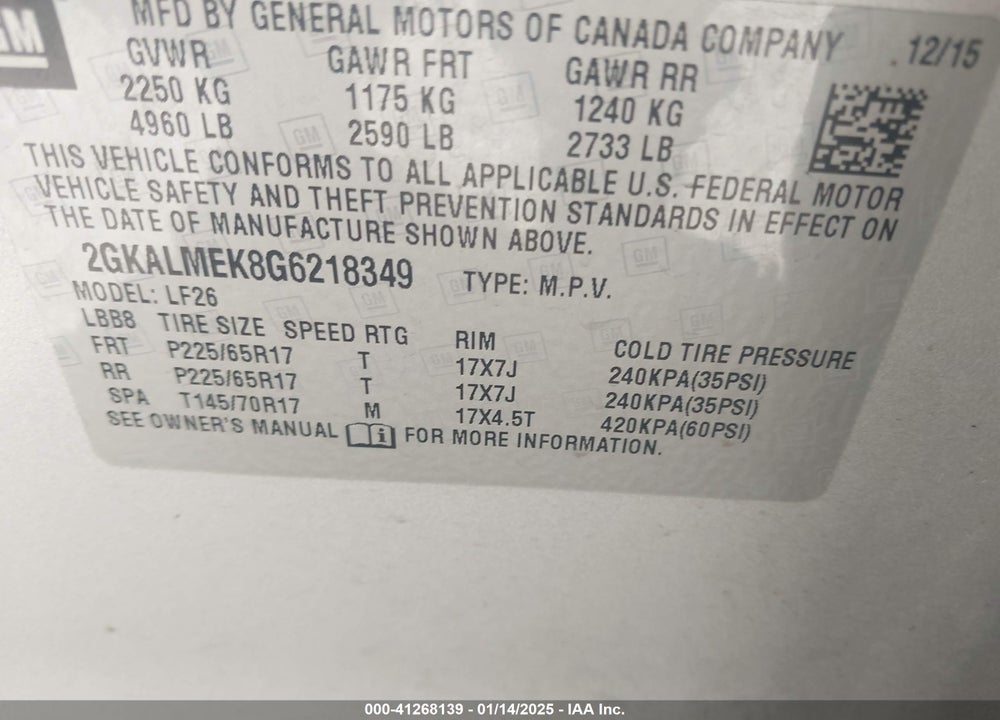 2016 GMC TERRAIN SLE-1 VIN: 2GKALMEK8G6218349