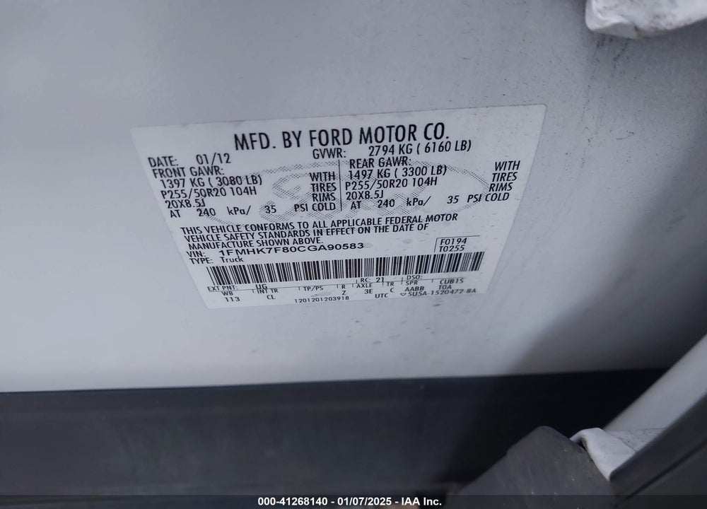 2012 FORD EXPLORER LIMITED VIN: 1FMHK7F80CGA90583