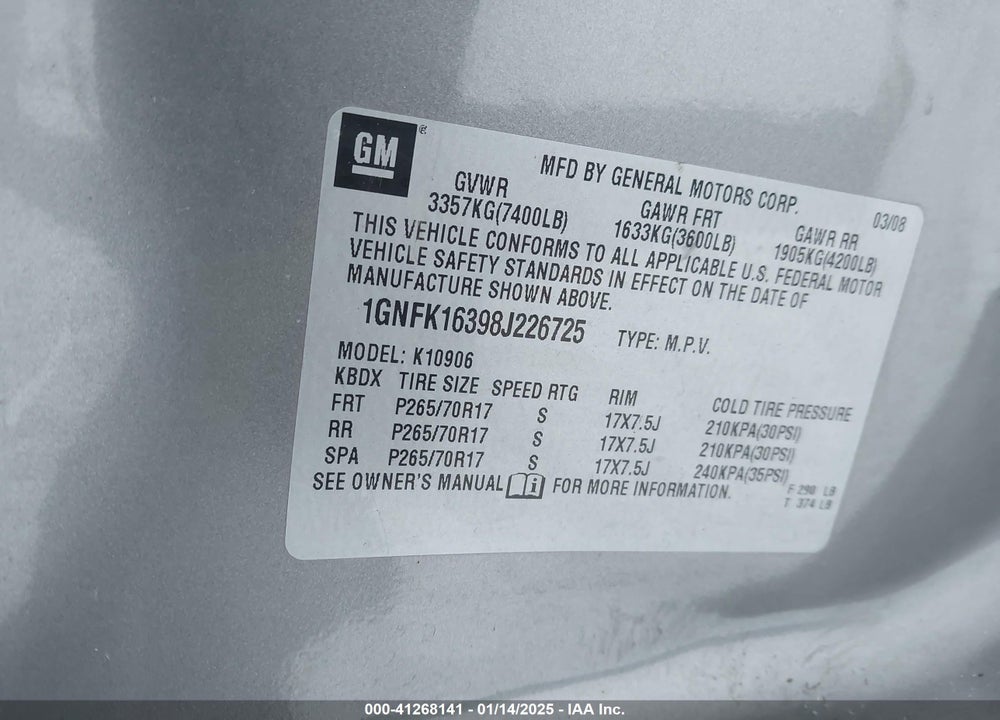 2008 CHEVROLET SUBURBAN VIN: 1GNFK16398J226725