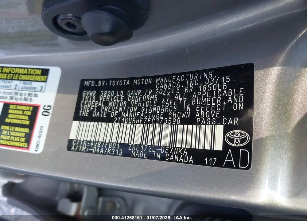 2015 TOYOTA COROLLA LE VIN: 2T1BURHE7FC373598