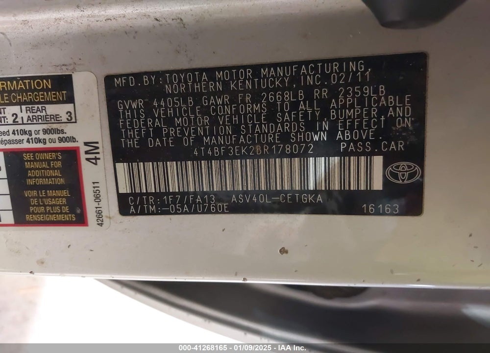 2011 TOYOTA CAMRY XLE VIN: 4T4BF3EK2BR178072