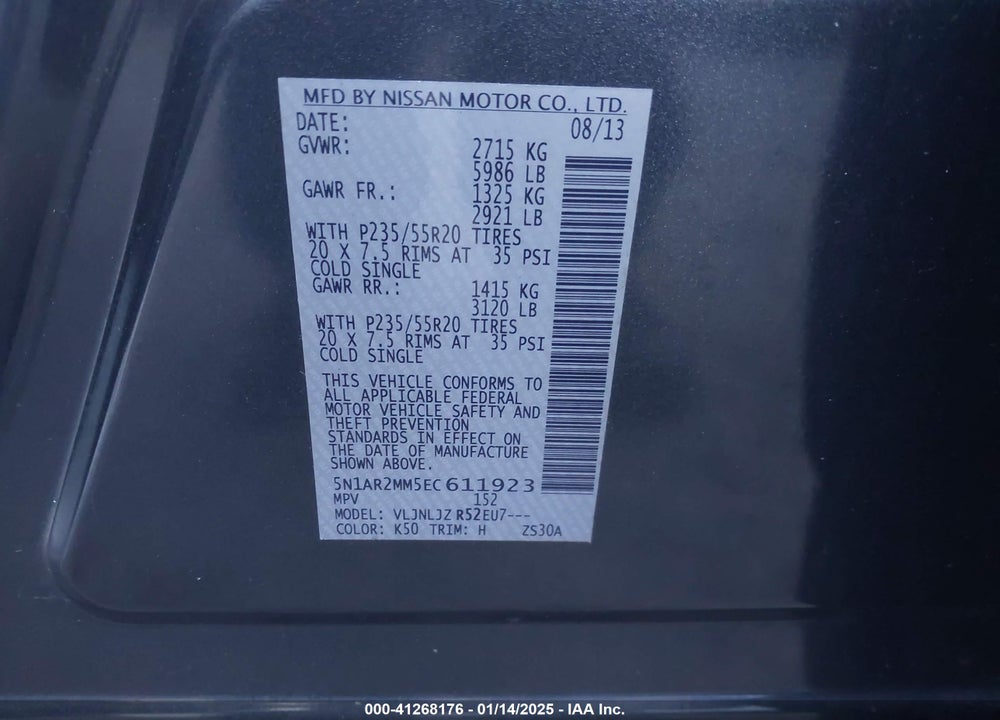 2014 NISSAN PATHFINDER VIN: 5N1AR2MM5EC611923
