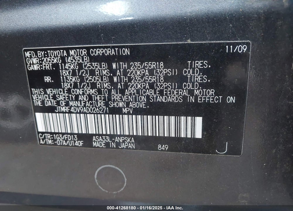 2010 TOYOTA RAV4 SPORT VIN: JTMRF4DV9AD026271