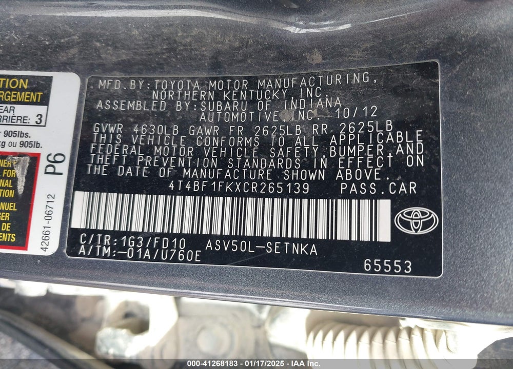 2012 TOYOTA CAMRY LE VIN: 4T4BF1FKXCR265139