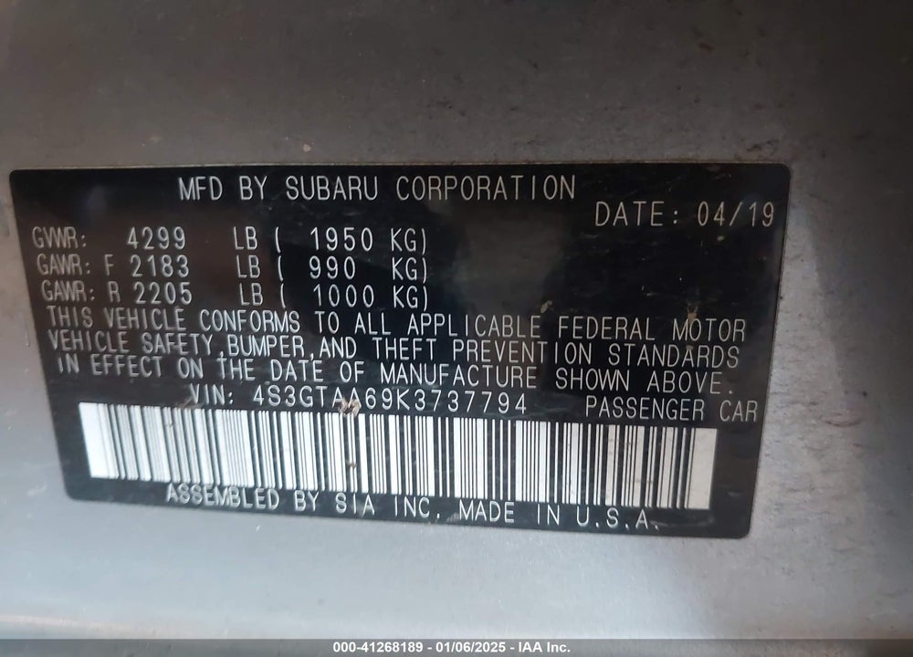 2019 SUBARU IMPREZA VIN: 4S3GTAA69K3737794