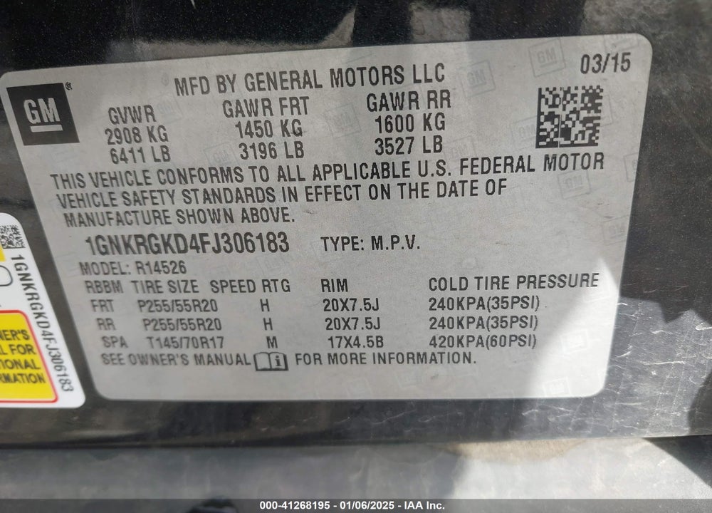 2015 CHEVROLET TRAVERSE 1LT VIN: 1GNKRGKD4FJ306183