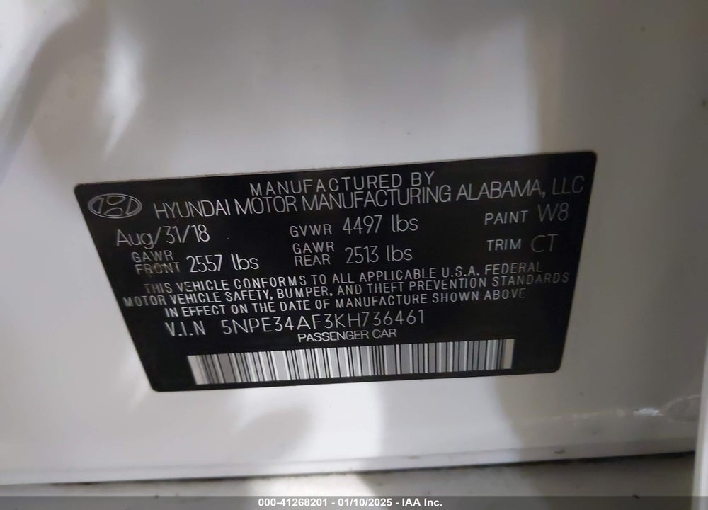 2019 HYUNDAI SONATA VIN: 5NPE34AF3KH736461