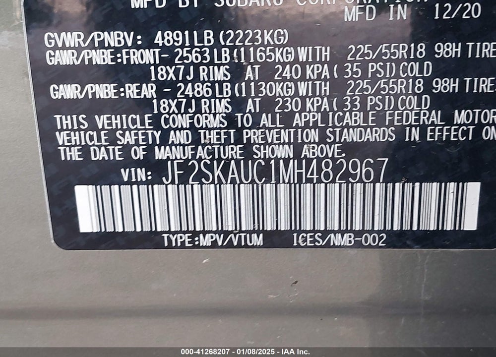 2021 SUBARU FORESTER LIMITED VIN: JF2SKAUC1MH482967