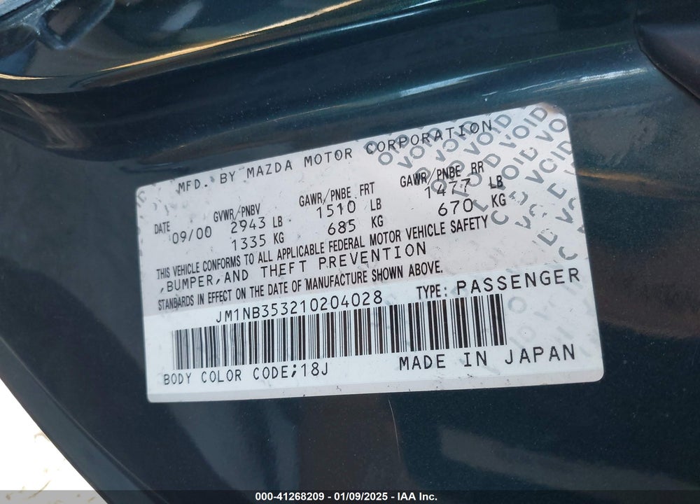 2001 MAZDA MX-5 MIATA LS/SPECIAL EDITION VIN: JM1NB353210204028