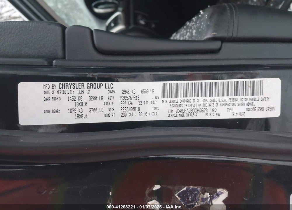 2012 JEEP GRAND CHEROKEE LAREDO VIN: 1C4RJFAG2CC343673