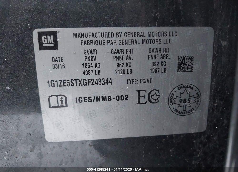 2016 CHEVROLET MALIBU VIN: 1G1ZE5STXGF243344