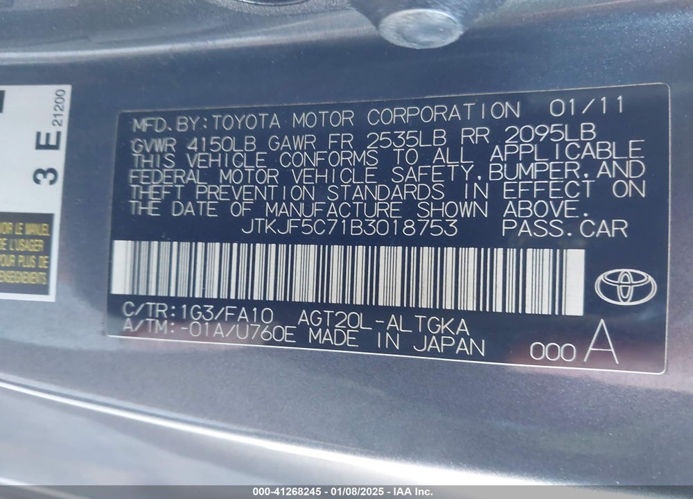 2011 SCION TC VIN: JTKJF5C71B3018753