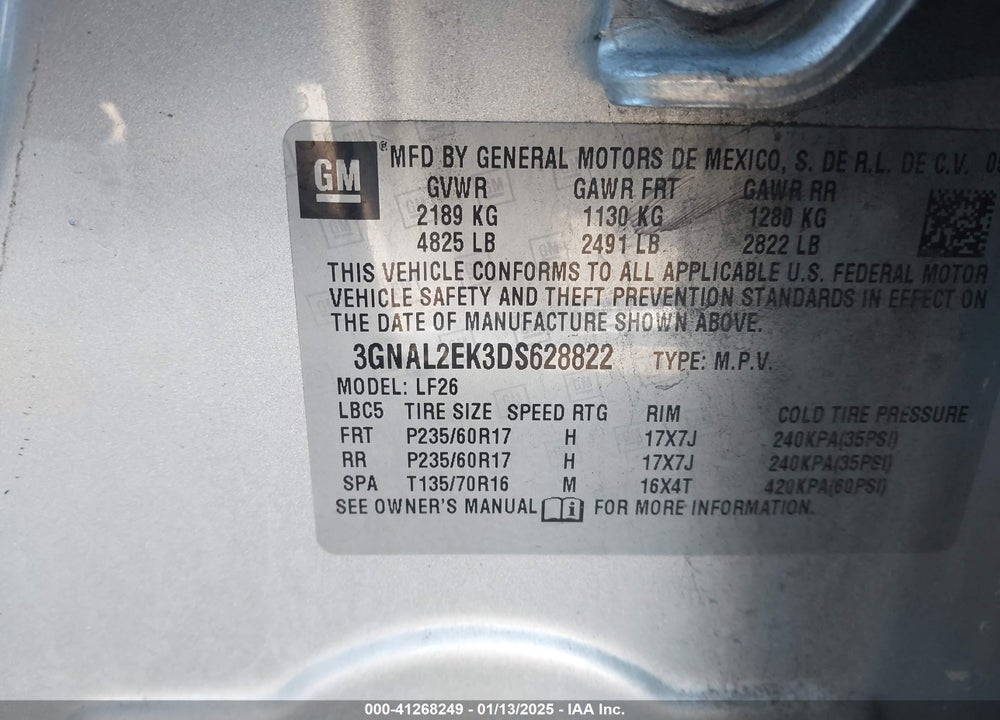 2013 CHEVROLET CAPTIVA SPORT 2LS VIN: 3GNAL2EK3DS628822