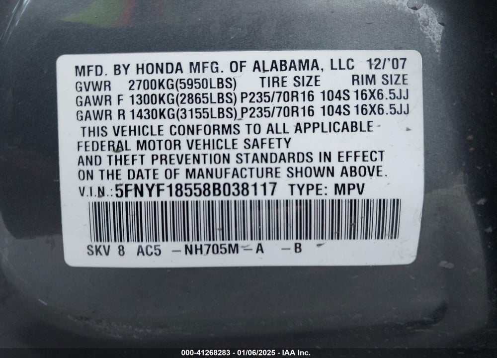 2008 HONDA PILOT EX-L VIN: 5FNYF18558B038117