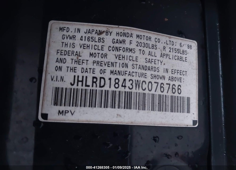 1998 HONDA CR-V LX VIN: JHLRD1843WC076766