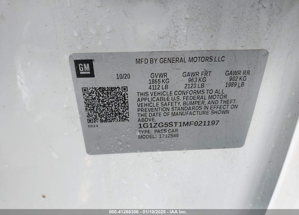 2021 CHEVROLET MALIBU VIN: 1G1ZG5ST1MF021197