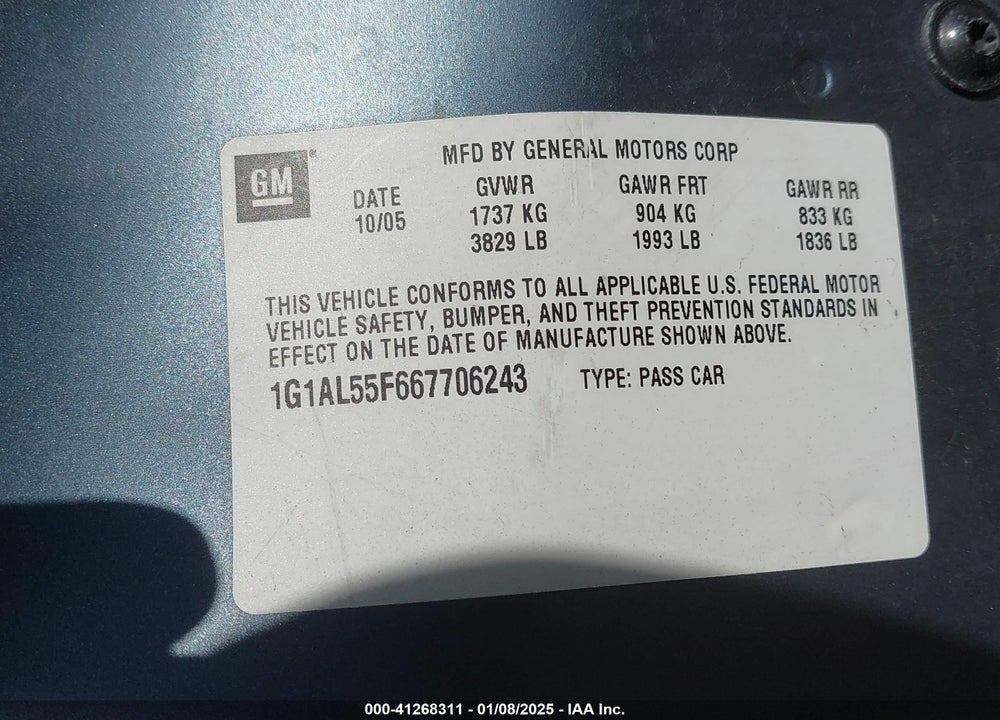 2006 CHEVROLET COBALT VIN: 1G1AL55F667706243