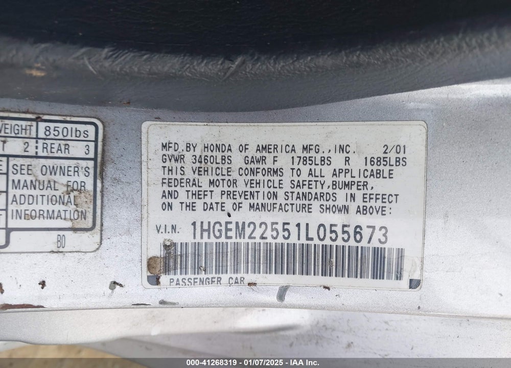 2001 HONDA CIVIC LX VIN: 1HGEM22551L055673