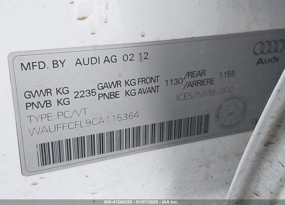 2012 AUDI A4 VIN: WAUFFCFL9CA115364