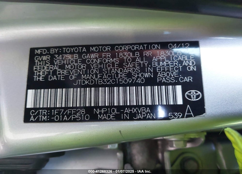 2012 TOYOTA PRIUS C TWO VIN: JTDKDTB32C1509740
