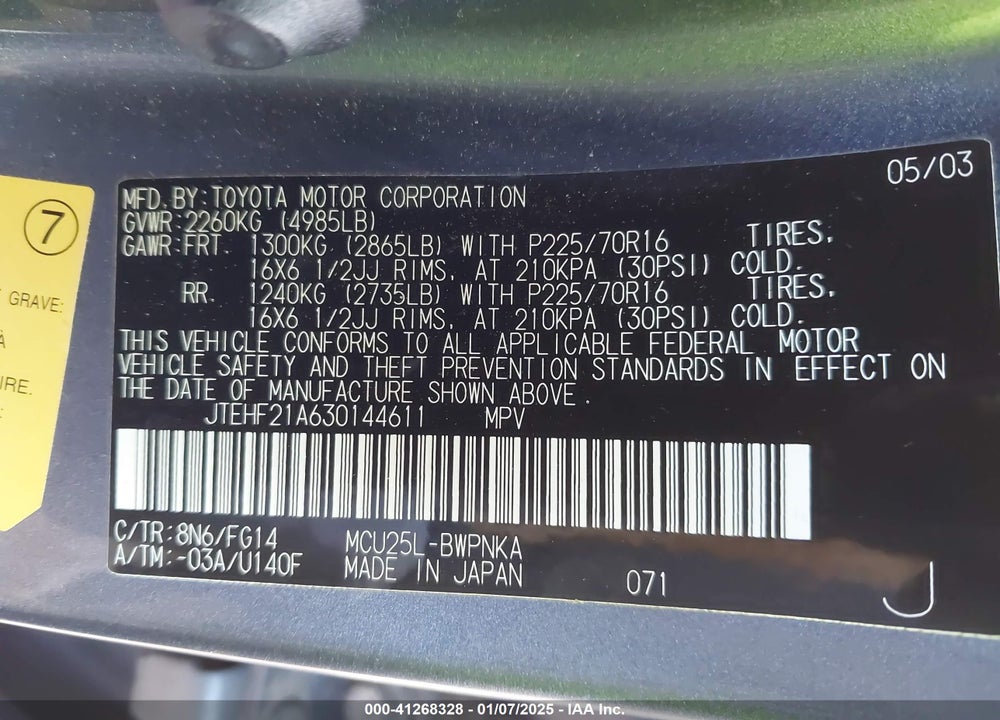 2003 TOYOTA HIGHLANDER V6 VIN: JTEHF21A630144611