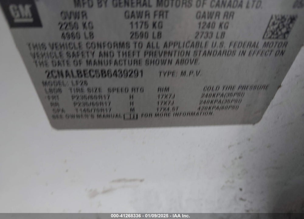 2011 CHEVROLET EQUINOX VIN: 2CNALBEC5B6439291