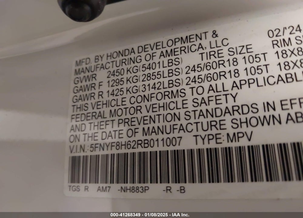 2024 HONDA PASSPORT TRAILSPORT VIN: 5FNYF8H62RB011007