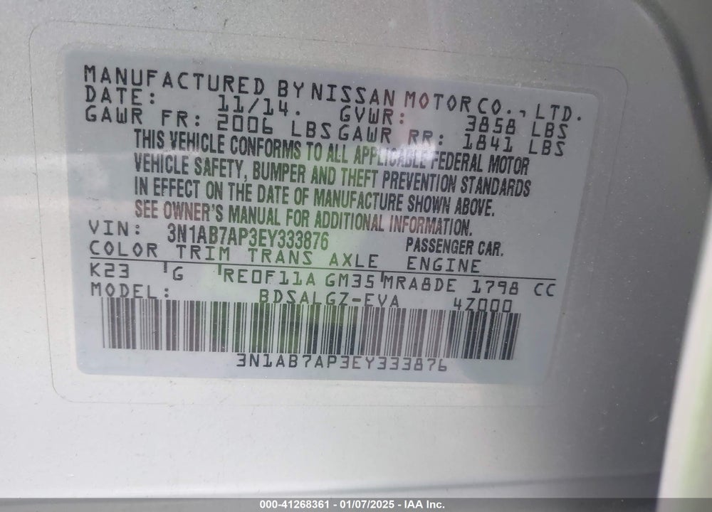 2014 NISSAN SENTRA VIN: 3N1AB7AP3EY333876