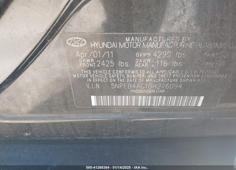 2011 HYUNDAI SONATA GLS VIN: 5NPEB4AC1BH276094