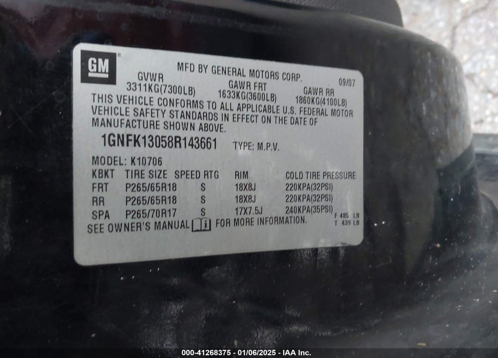 2008 CHEVROLET TAHOE LT VIN: 1GNFK13058R143661