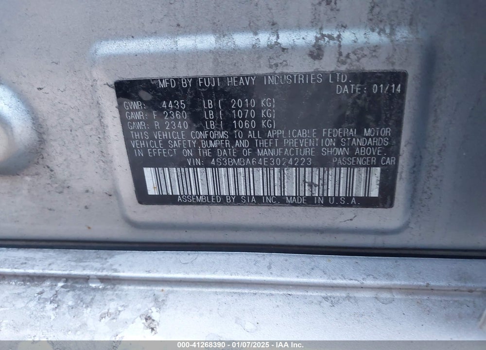 2014 SUBARU LEGACY VIN: 4S3BMBA64E3024223