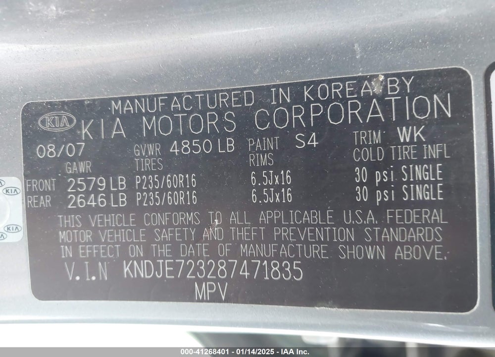 2008 KIA SPORTAGE LX V6 VIN: KNDJE723287471835