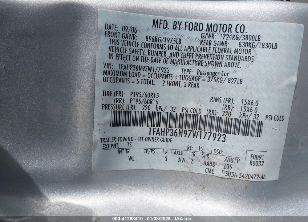 2007 FORD FOCUS VIN: 1FAHP36N97W177923