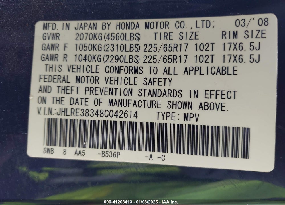2008 HONDA CR-V LX VIN: JHLRE38348C042614