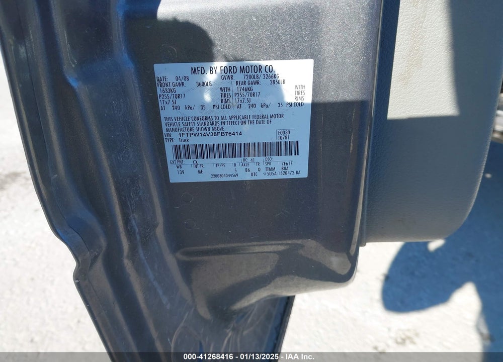 2008 FORD F-150 VIN: 1FTPW14V38FB76414