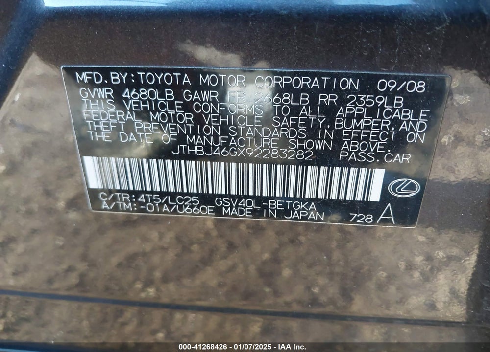 2009 LEXUS ES VIN: JTHBJ46GX92283282